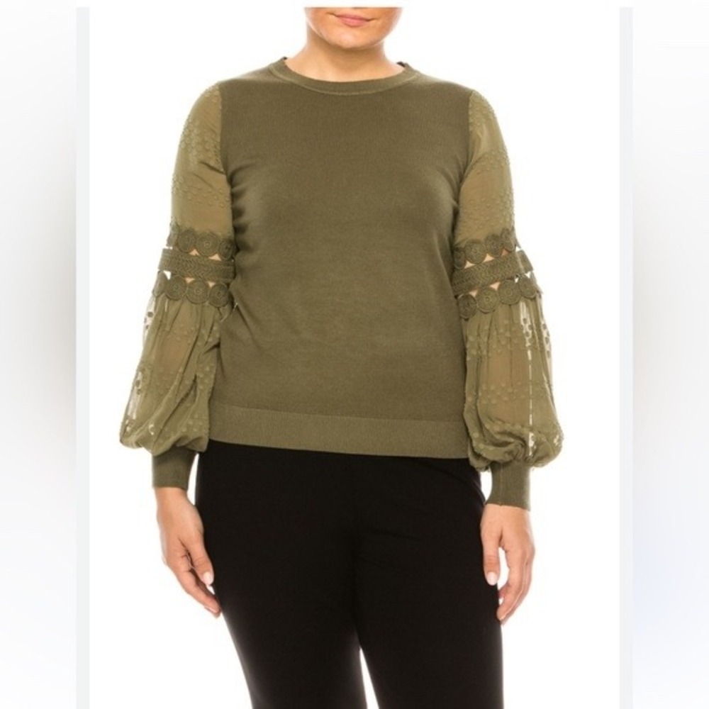 Sioni Milano Olive Green Crochet Lace Sheer Balloon Sleeve Sweater 2X Womens